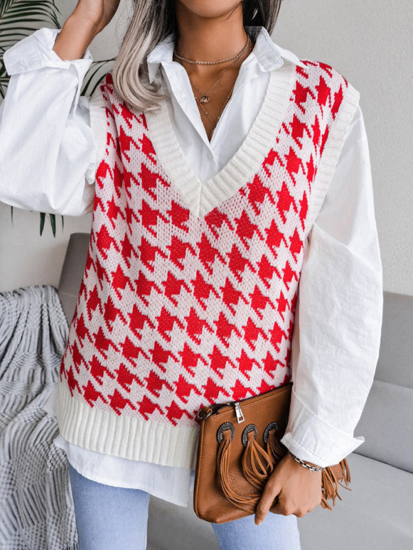 Blue Zone Planet | V-neck thousand bird lattice loose knit vest sweater BLUE ZONE PLANET