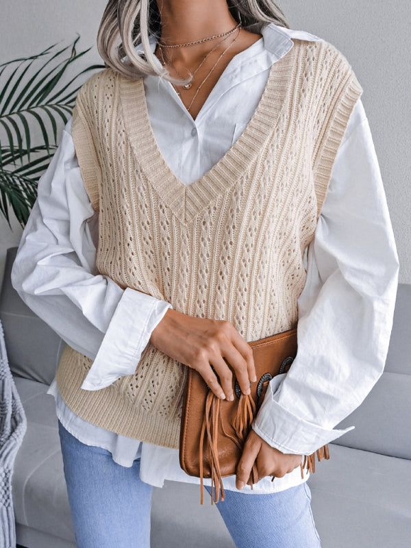 Blue Zone Planet | V-neck hollow out fried dough twist knitting vest sweater BLUE ZONE PLANET