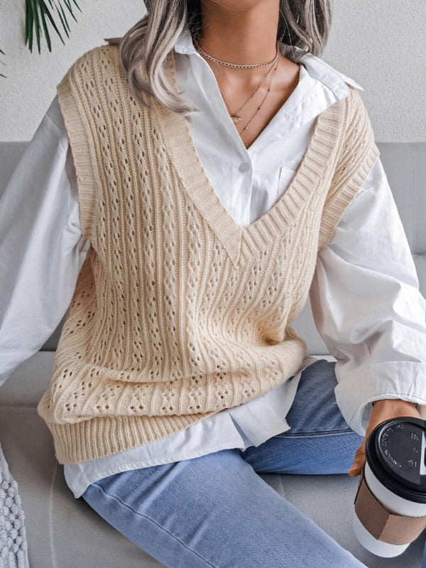 Blue Zone Planet | V-neck hollow out fried dough twist knitting vest sweater BLUE ZONE PLANET