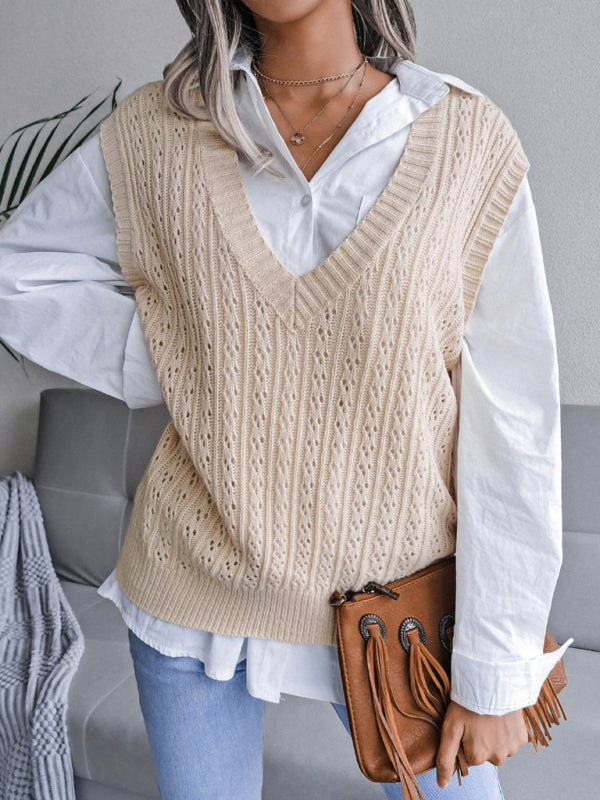 Blue Zone Planet | V-neck hollow out fried dough twist knitting vest sweater BLUE ZONE PLANET