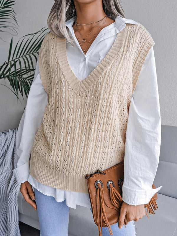 Blue Zone Planet | V-neck hollow out fried dough twist knitting vest sweater BLUE ZONE PLANET
