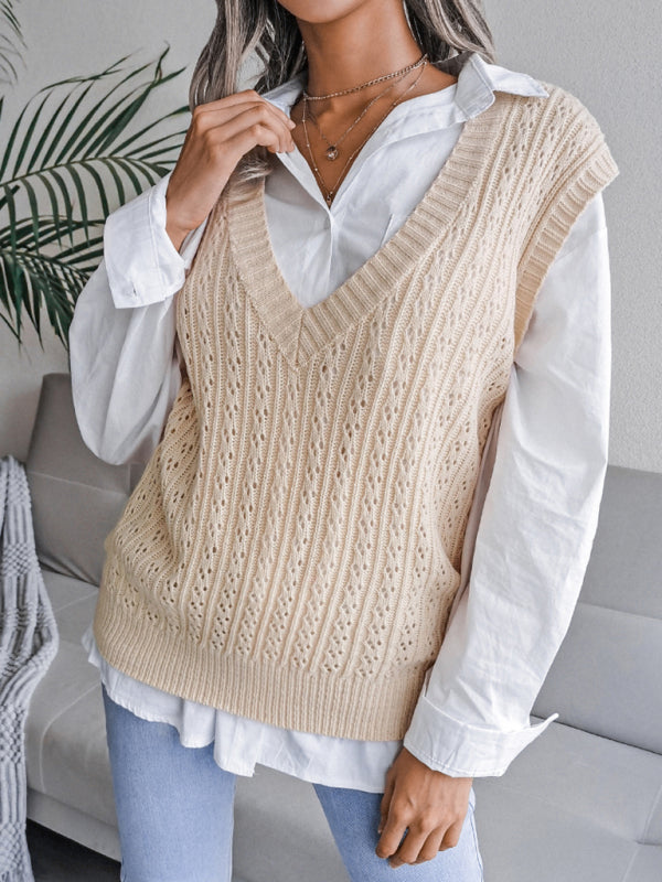 Blue Zone Planet | V-neck hollow out fried dough twist knitting vest sweater BLUE ZONE PLANET