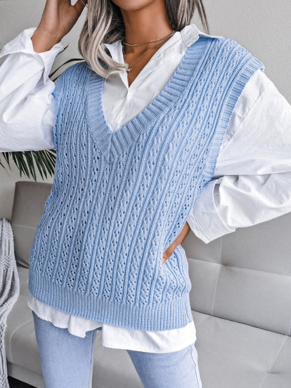 Blue Zone Planet | V-neck hollow out fried dough twist knitting vest sweater BLUE ZONE PLANET