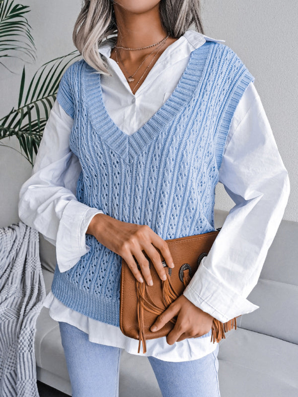 Blue Zone Planet | V-neck hollow out fried dough twist knitting vest sweater BLUE ZONE PLANET