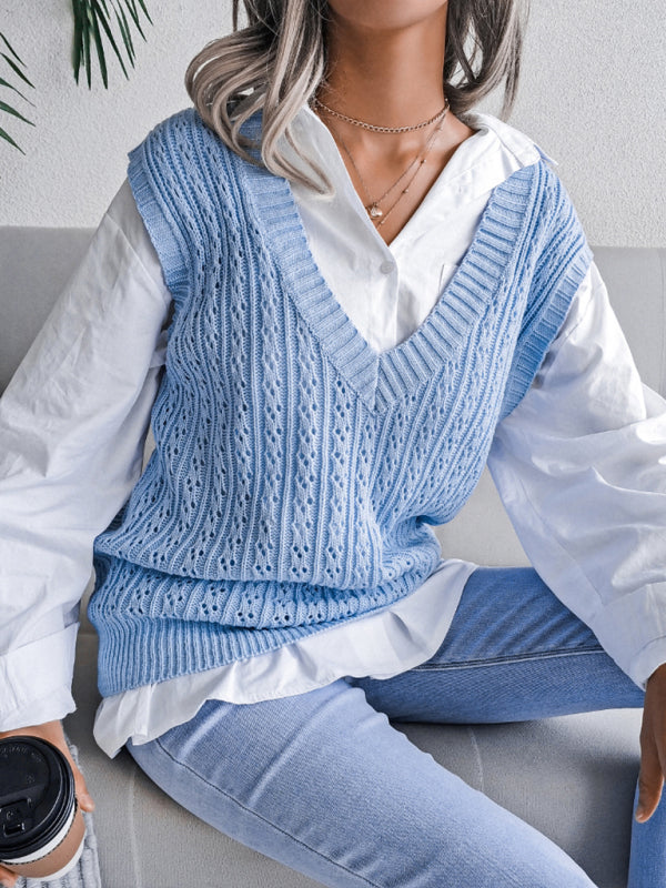 Blue Zone Planet | V-neck hollow out fried dough twist knitting vest sweater BLUE ZONE PLANET