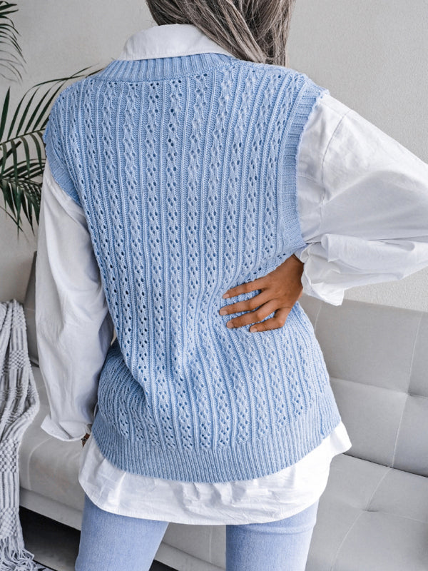 Blue Zone Planet | V-neck hollow out fried dough twist knitting vest sweater BLUE ZONE PLANET