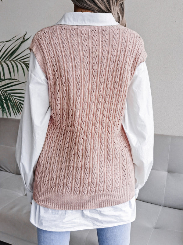 Blue Zone Planet | V-neck hollow out fried dough twist knitting vest sweater BLUE ZONE PLANET