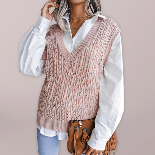 Women's V-neck hollow out fried dough twist casual knitting vest sweater-[Adult]-[Female]-Pink-S-2022 Online Blue Zone Planet