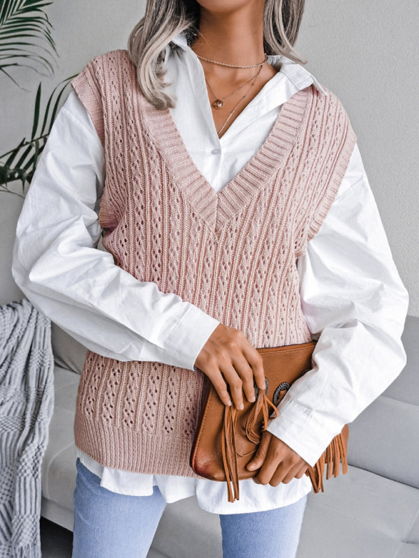 Blue Zone Planet | V-neck hollow out fried dough twist knitting vest sweater BLUE ZONE PLANET