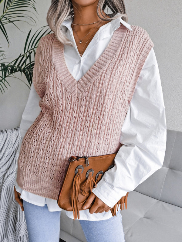 Blue Zone Planet | V-neck hollow out fried dough twist knitting vest sweater BLUE ZONE PLANET