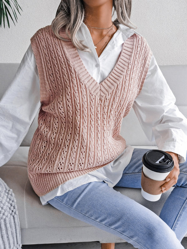 Blue Zone Planet | V-neck hollow out fried dough twist knitting vest sweater BLUE ZONE PLANET