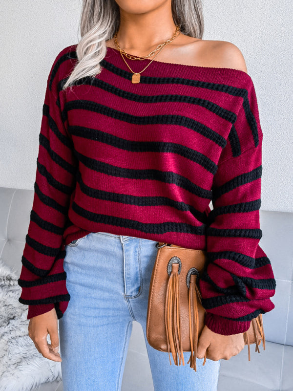 Blue Zone Planet | straight neck off shoulder loose stripe knitted sweater BLUE ZONE PLANET