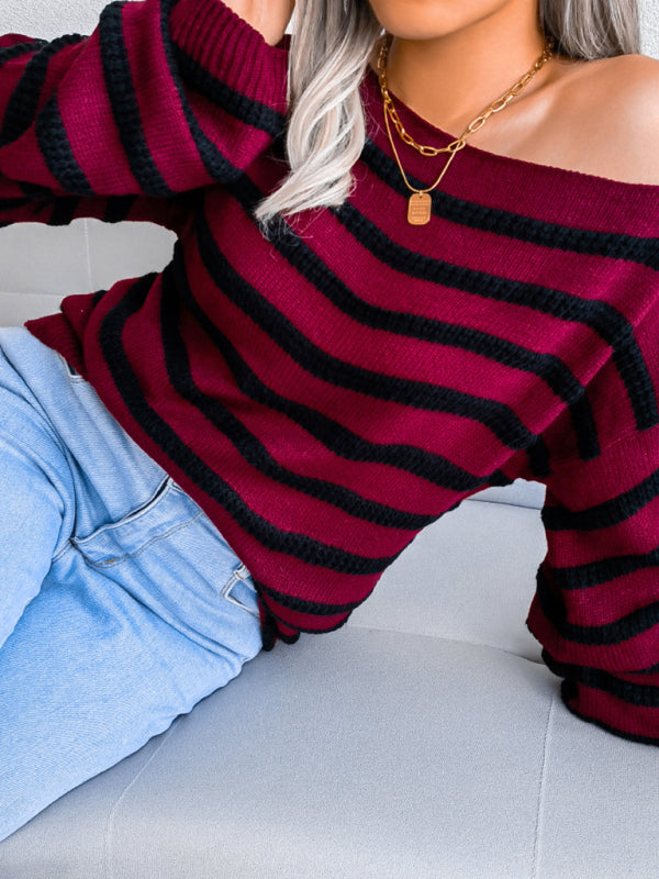 Blue Zone Planet | straight neck off shoulder loose stripe knitted sweater BLUE ZONE PLANET