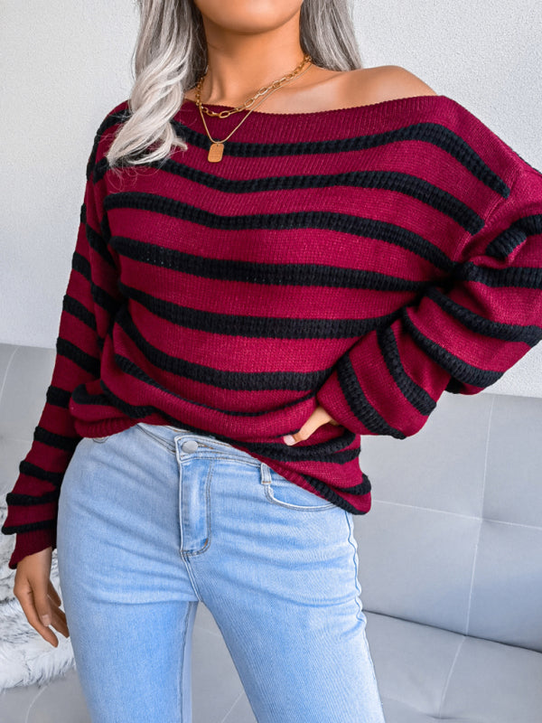 Blue Zone Planet | straight neck off shoulder loose stripe knitted sweater BLUE ZONE PLANET