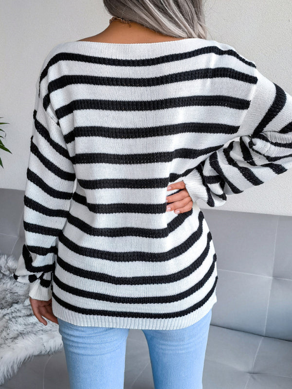 Blue Zone Planet | straight neck off shoulder loose stripe knitted sweater BLUE ZONE PLANET
