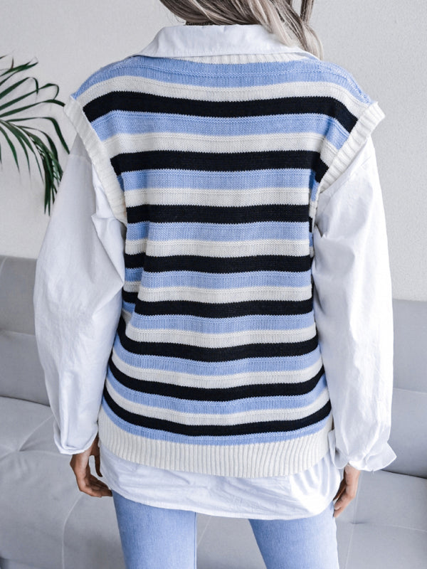 Blue Zone Planet | Daisy's V-neck hollow stripe vest sweater BLUE ZONE PLANET