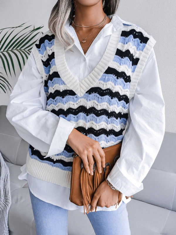 Blue Zone Planet | Daisy's V-neck hollow stripe vest sweater BLUE ZONE PLANET