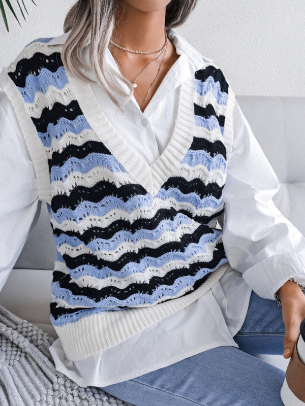 Blue Zone Planet | Daisy's V-neck hollow stripe vest sweater BLUE ZONE PLANET