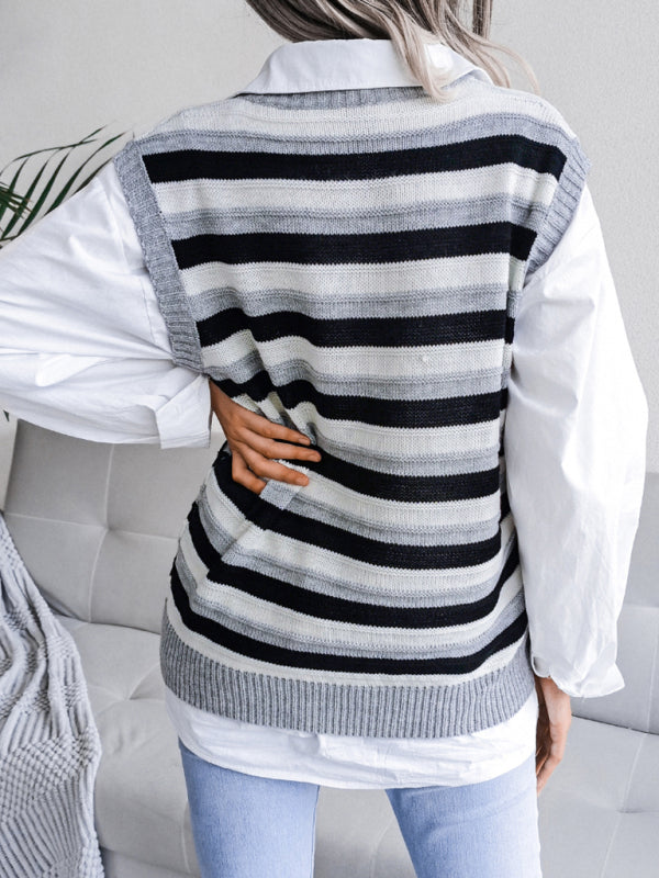 Blue Zone Planet | Daisy's V-neck hollow stripe vest sweater BLUE ZONE PLANET