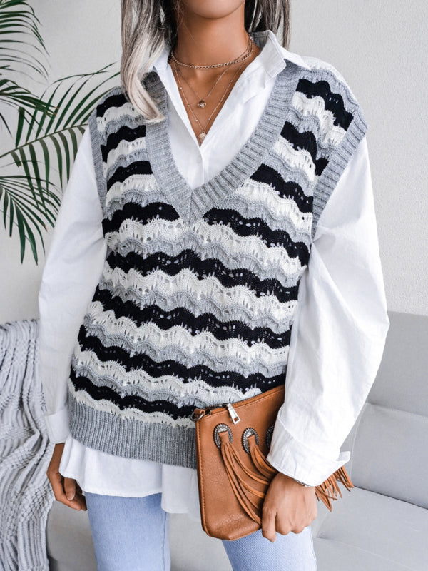 Blue Zone Planet | Daisy's V-neck hollow stripe vest sweater BLUE ZONE PLANET