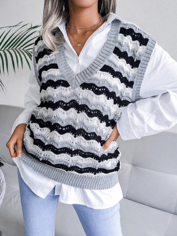 Blue Zone Planet | Daisy's V-neck hollow stripe vest sweater BLUE ZONE PLANET