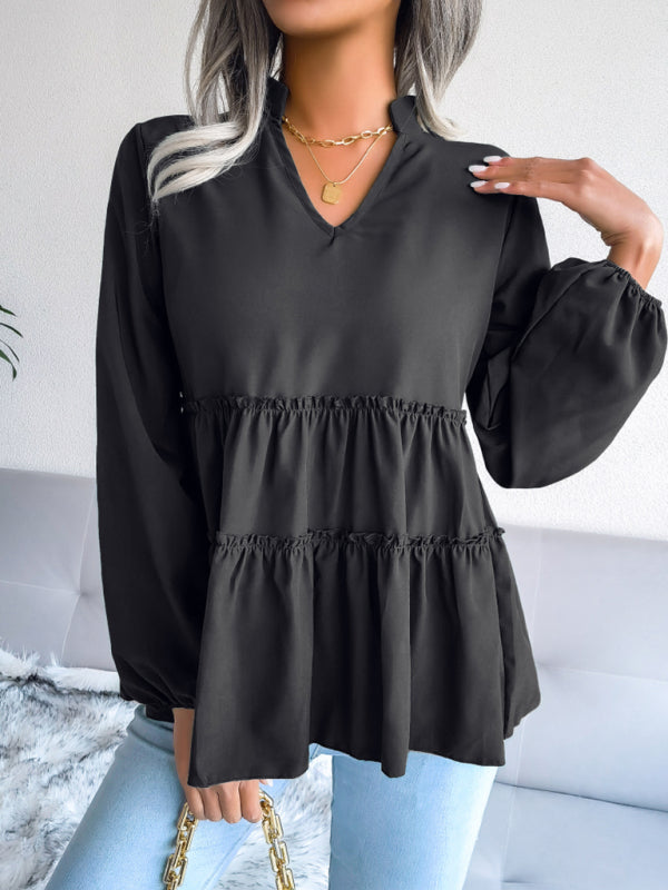 Blue Zone Planet | Women's Lantern long sleeve casual loose Ruffle large swing Chiffon Shirt Top BLUE ZONE PLANET