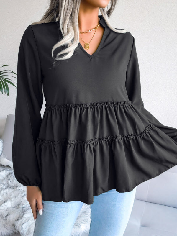 Blue Zone Planet | Women's Lantern long sleeve casual loose Ruffle large swing Chiffon Shirt Top BLUE ZONE PLANET