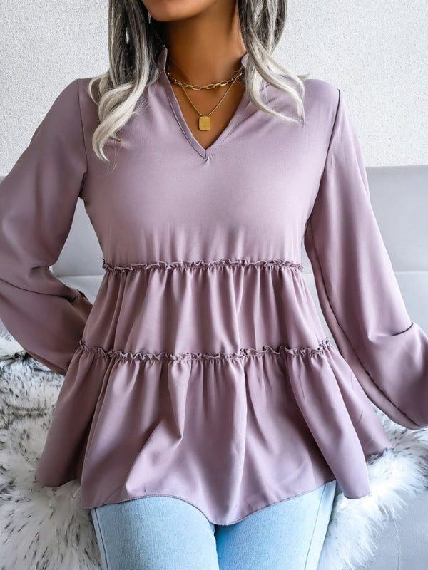 Blue Zone Planet | Women's Lantern long sleeve casual loose Ruffle large swing Chiffon Shirt Top BLUE ZONE PLANET