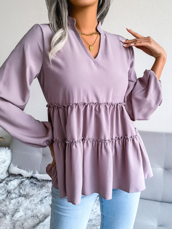 Blue Zone Planet | Women's Lantern long sleeve casual loose Ruffle large swing Chiffon Shirt Top BLUE ZONE PLANET