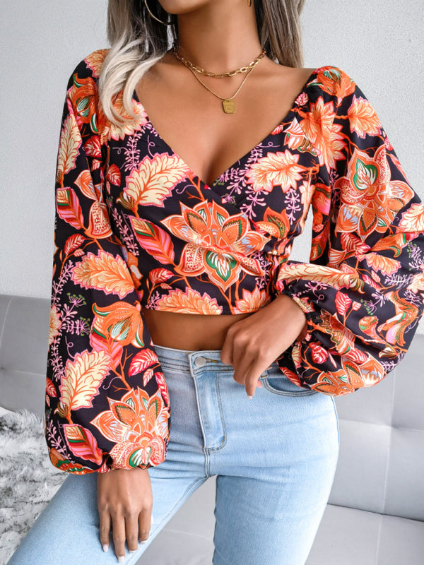 Blue Zone Planet | Women's V-neck lantern long sleeve Floral Chiffon shirt BLUE ZONE PLANET