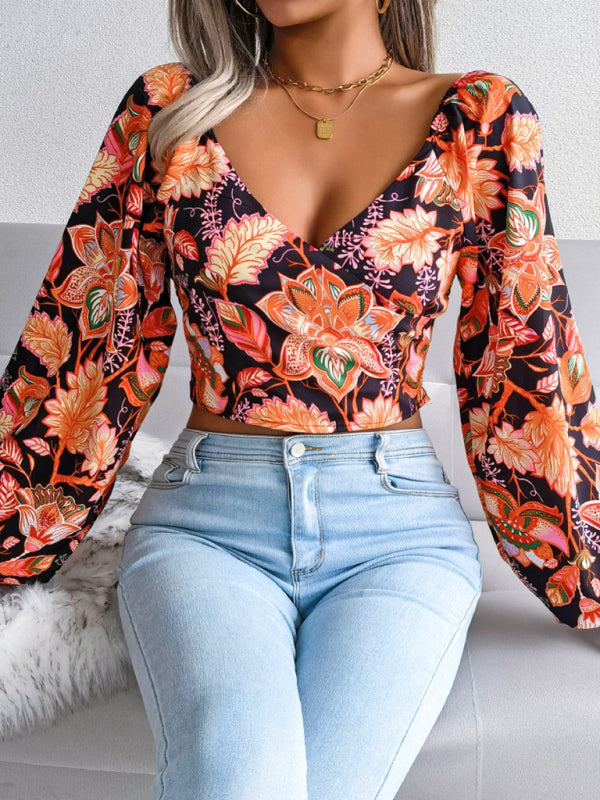 Blue Zone Planet | Women's V-neck lantern long sleeve Floral Chiffon shirt BLUE ZONE PLANET