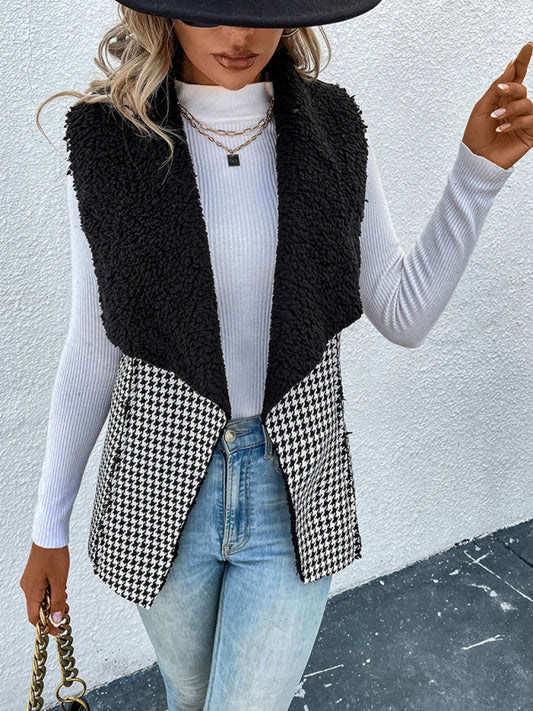 Woman'S Autumn And Winter Temperament Imitation Lamb Wool Stitching Houndstooth Coat Vest-[Adult]-[Female]-Black-S-2022 Online Blue Zone Planet