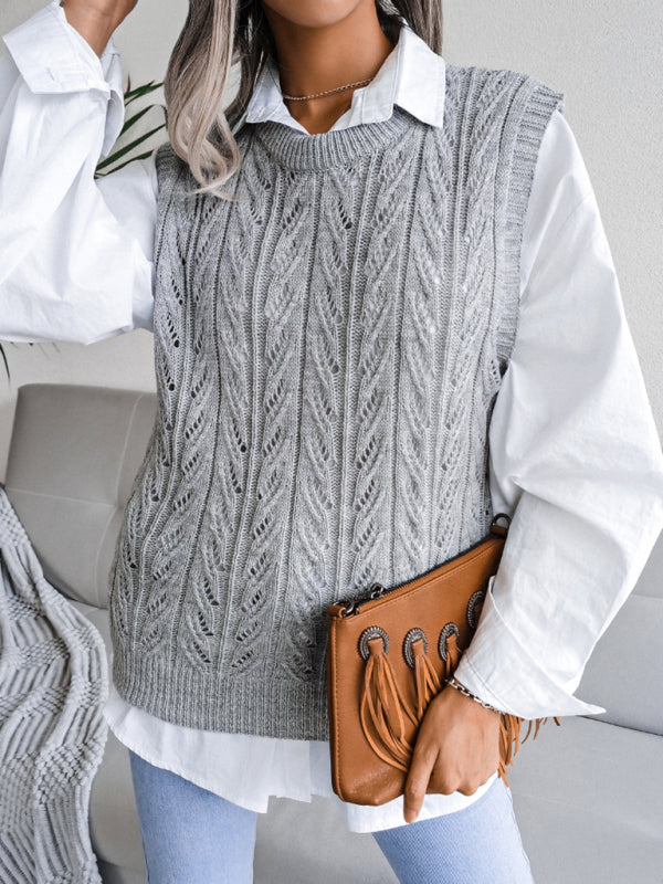 Blue Zone Planet | round neck hollow leaf casual knitted vest sweater BLUE ZONE PLANET