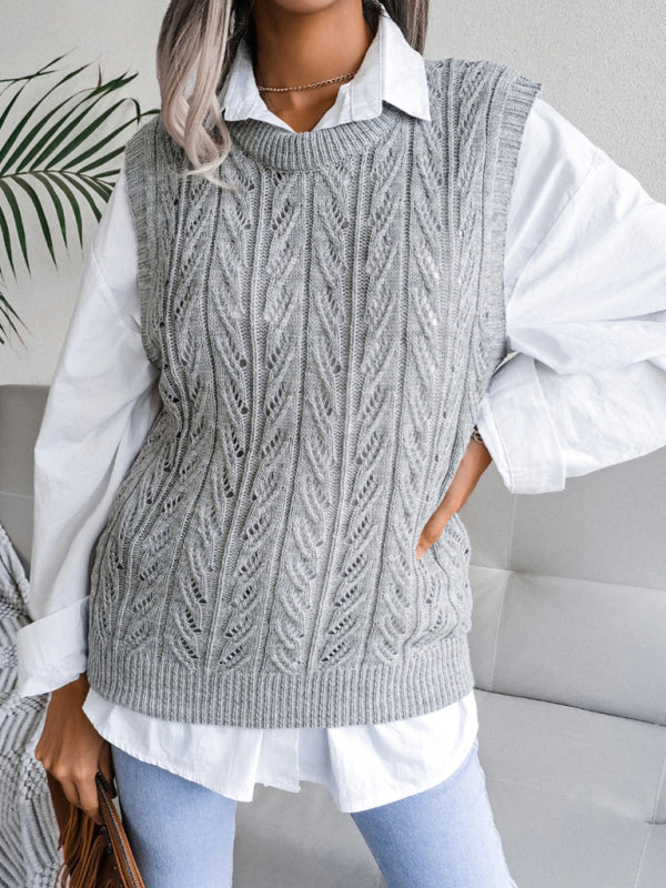 Blue Zone Planet | round neck hollow leaf casual knitted vest sweater BLUE ZONE PLANET