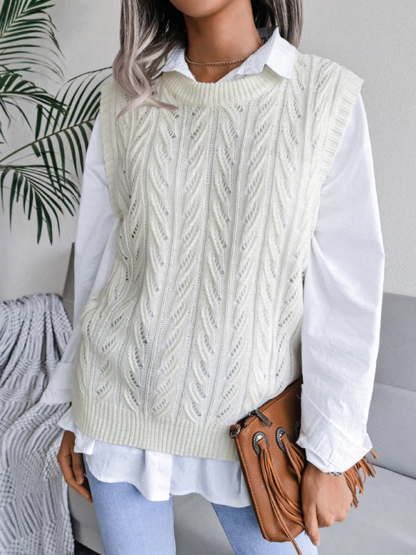Blue Zone Planet | round neck hollow leaf casual knitted vest sweater BLUE ZONE PLANET