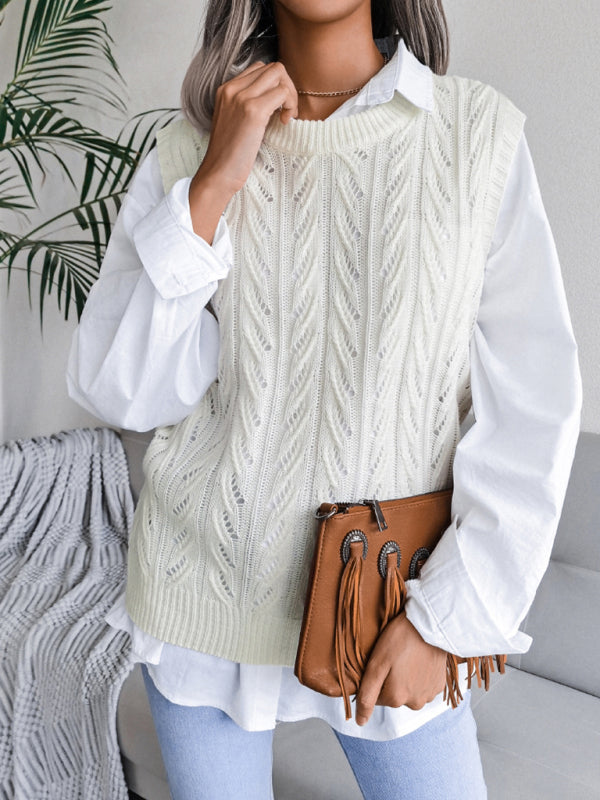 Blue Zone Planet | round neck hollow leaf casual knitted vest sweater BLUE ZONE PLANET