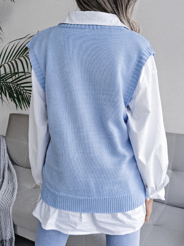 Blue Zone Planet | hollow out fried dough twist V-neck knitted vest sweater BLUE ZONE PLANET