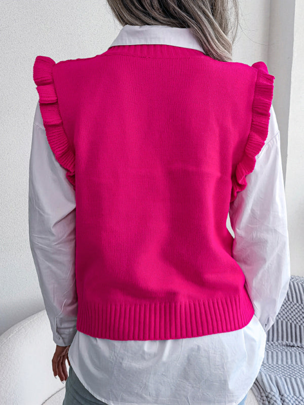 Blue Zone Planet | Sienna's Frilled Shoulder Sleeveless Diamond Knitted Vest BLUE ZONE PLANET