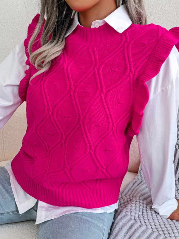 Blue Zone Planet | Sienna's Frilled Shoulder Sleeveless Diamond Knitted Vest BLUE ZONE PLANET