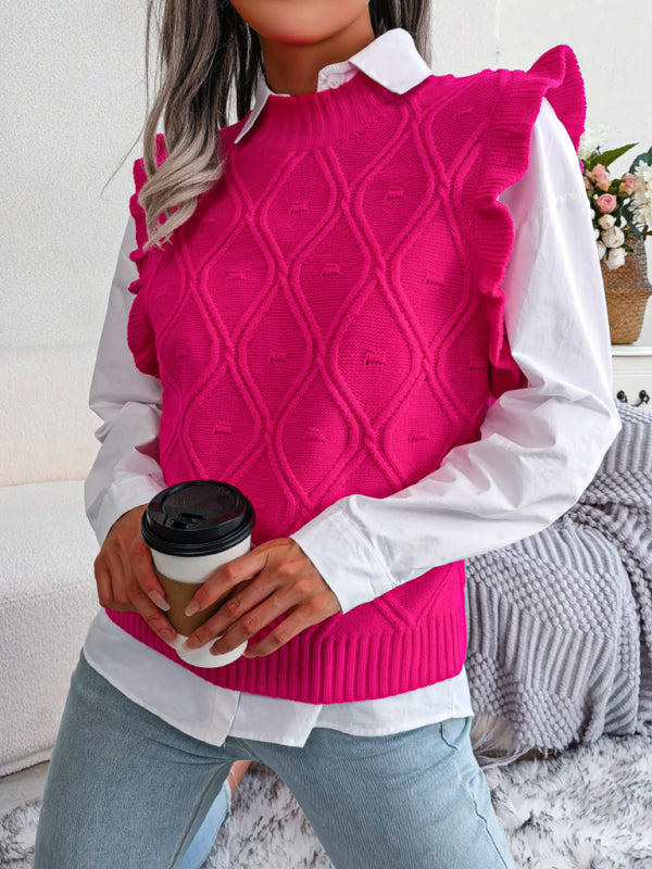 Blue Zone Planet | Sienna's Frilled Shoulder Sleeveless Diamond Knitted Vest BLUE ZONE PLANET