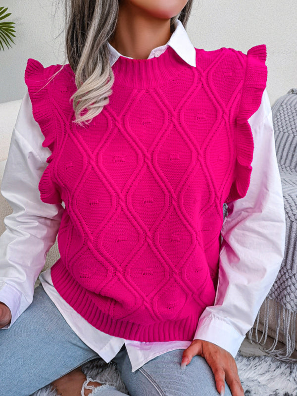 Blue Zone Planet | Sienna's Frilled Shoulder Sleeveless Diamond Knitted Vest BLUE ZONE PLANET