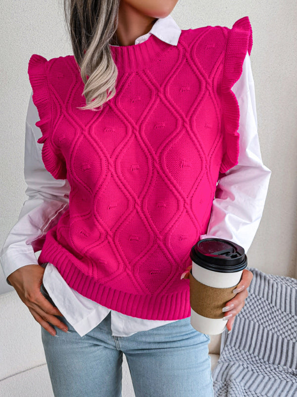 Blue Zone Planet | Sienna's Frilled Shoulder Sleeveless Diamond Knitted Vest BLUE ZONE PLANET