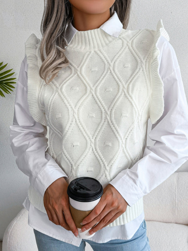 Blue Zone Planet | Sienna's Frilled Shoulder Sleeveless Diamond Knitted Vest BLUE ZONE PLANET