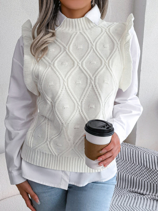 Blue Zone Planet | Sienna's Frilled Shoulder Sleeveless Diamond Knitted Vest BLUE ZONE PLANET
