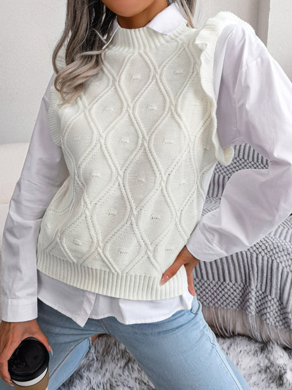 Blue Zone Planet | Sienna's Frilled Shoulder Sleeveless Diamond Knitted Vest BLUE ZONE PLANET