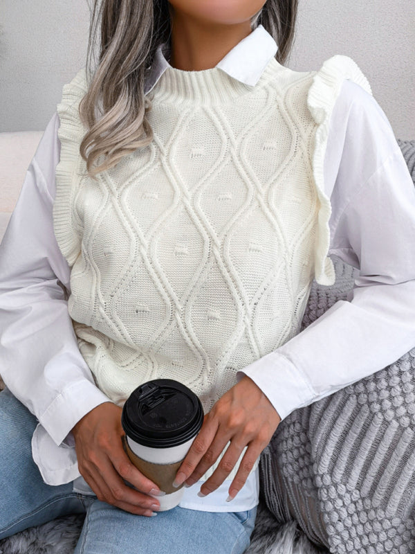 Blue Zone Planet | Sienna's Frilled Shoulder Sleeveless Diamond Knitted Vest BLUE ZONE PLANET