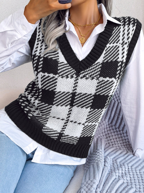 Blue Zone Planet | casual contrast color Plaid knitted vest Sweater Vest BLUE ZONE PLANET