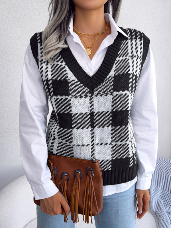 Blue Zone Planet | casual contrast color Plaid knitted vest Sweater Vest BLUE ZONE PLANET