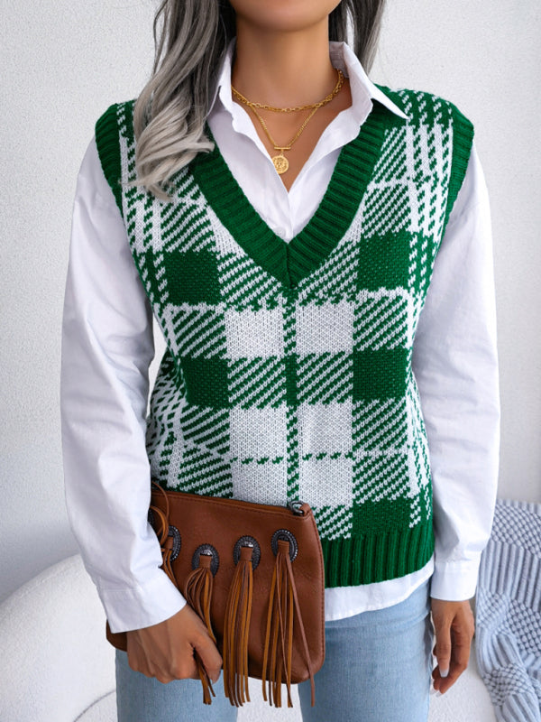 Blue Zone Planet | casual contrast color Plaid knitted vest Sweater Vest BLUE ZONE PLANET