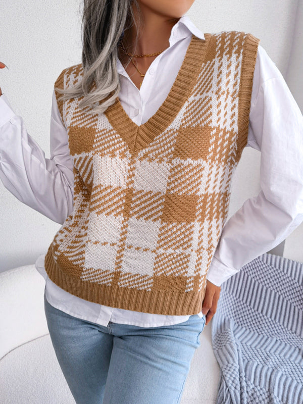 Blue Zone Planet | casual contrast color Plaid knitted vest Sweater Vest BLUE ZONE PLANET